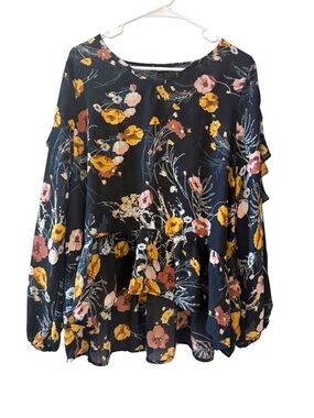 Buffalo XL Boho Floral Ruffle Blouse Flowy Peplum Slit Sleeve Cottagecore Top